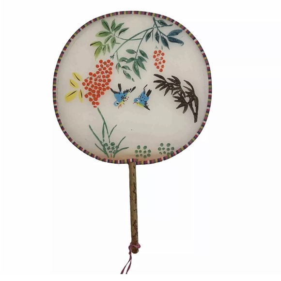 Vintage Chinese 8”x8” Round Silkscreen Hand Fan With 4.5” Bamboo Handle 8x8 - Picture 2 of 4